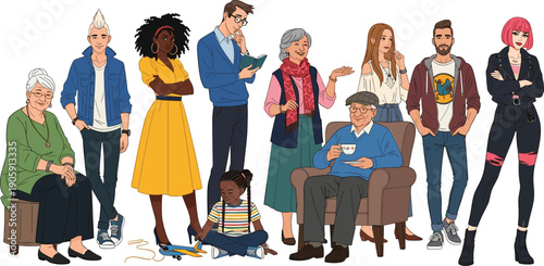 Diverse Family Generations Gathering Cartoon Illustration: A Celebration of Unity, Love, and Intergenerational Connection for Creative Projects and Heartwarming Visual Storytelling
