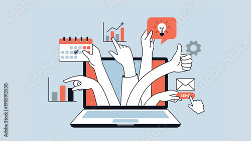Hands Emerging from Laptop with Various Business Icons and Gestures