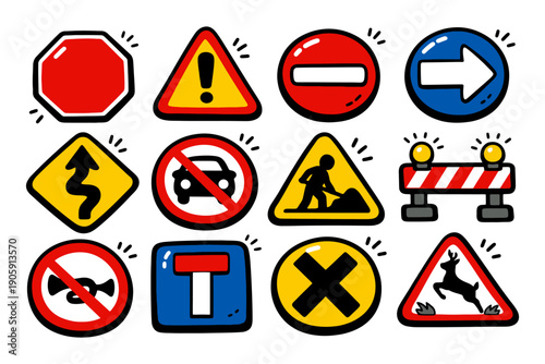Cartoon traffic signs collection with colorful designs and symbols.