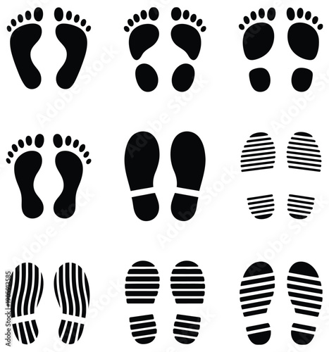 Footprint and shoe print icons on a white background, vector illustrations for tracking, design projects, forensic studies, sports, trail mapping, and digital or print graphic use.
