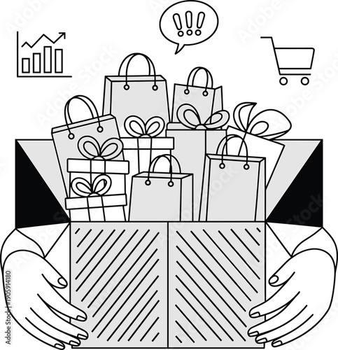 Black and white illustration of open gift box with shopping bags, wrapped presents, and icons of sales growth, consumer excitement, and retail shopping cart