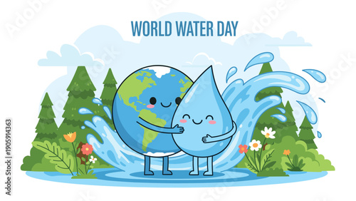 Friendly World Water Day scene featuring personified earth and water drop characters hugging to promote resource conservation and ecology.