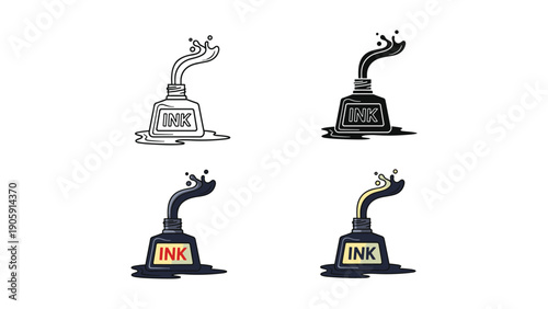 Ink Bottle Icons - Writing, Art, Outline, Silhouette, and Color Options for Creativity