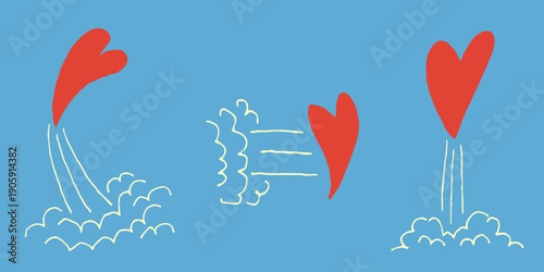 Red hearts flying in the sky like rockets with smoke clouds.
Simple flat vector illustration on blue background, suitable for greeting cards, posters, prints, social media and romantic designs.