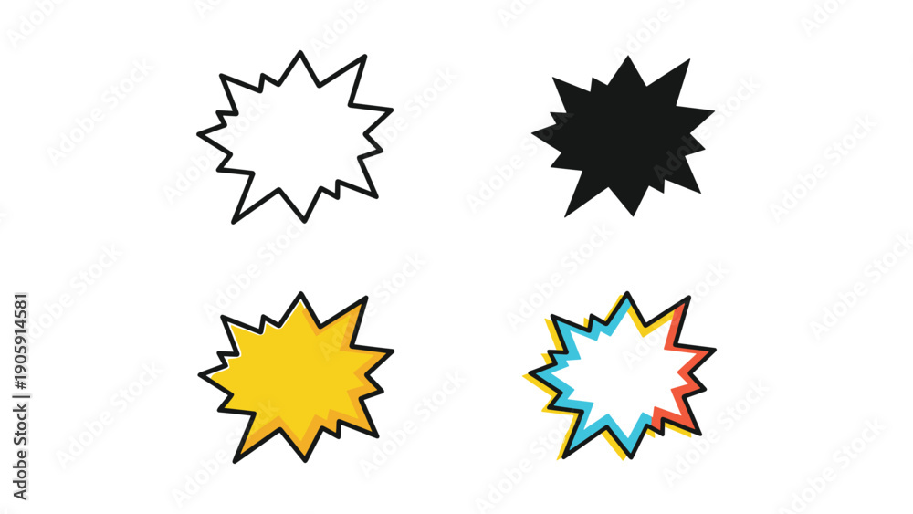 Fototapeta premium Explosion Burst Icons: Line Art, Silhouette, and Colorful Comic Book Style Designs