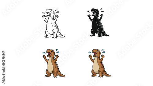Scared Dinosaur Icon Set: Line, Silhouette, and Color Variations