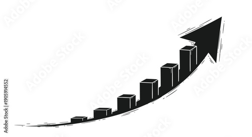 Black ascending bar chart with thick arrow signifies strong market gains and forward momentum.