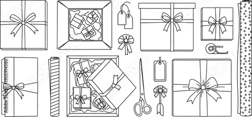 Collection of various outlined gift boxes wrapping materials and tools arranged horizontally for holiday preparation or celebration design projects