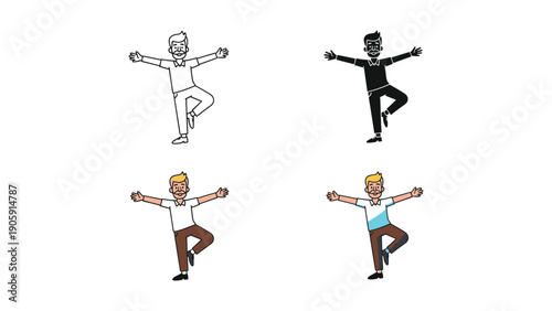 Man in tree pose icons for yoga and balance in outline, silhouette, and color