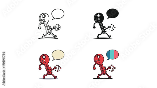 Animated key icon breaking apart with speech bubble in various styles