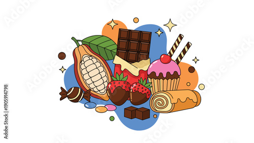 Tempting assortment of chocolate treats and sweets including cocoa pod chocolate bars cupcakes and chocolate dipped strawberries.