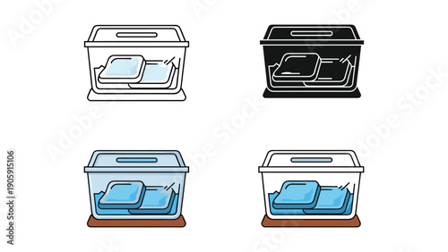 Ice Pack or Gel Pack in Container Icons: Line Art, Silhouette, and Colored Illustrations