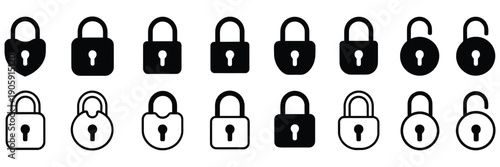 Locks icons set with locked and unlocked symbols, vector illustrations of padlocks for security, privacy, safety, digital applications, website design, data protection, and creative projects.