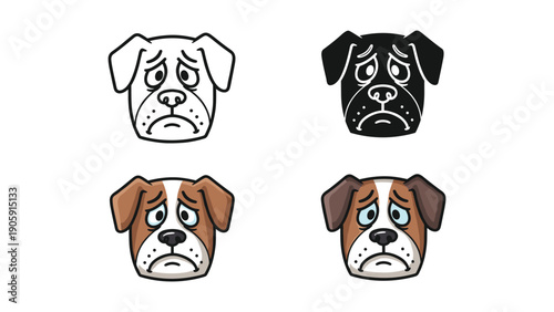 Sad Boxer Dog Face Icon Set - Outline, Silhouette, and Color