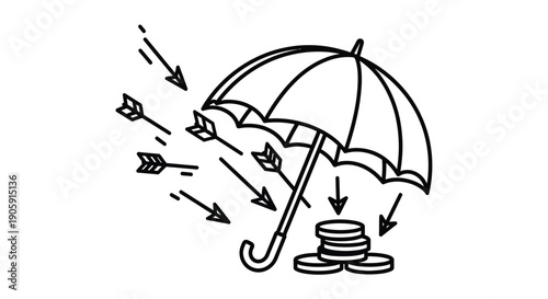 Umbrella protects a stack of coins from incoming arrows symbolizing financial security and risk.