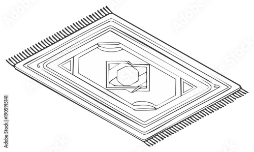 Illustration of Oriental rug with tassels, Islamic prayer carpet graphic design