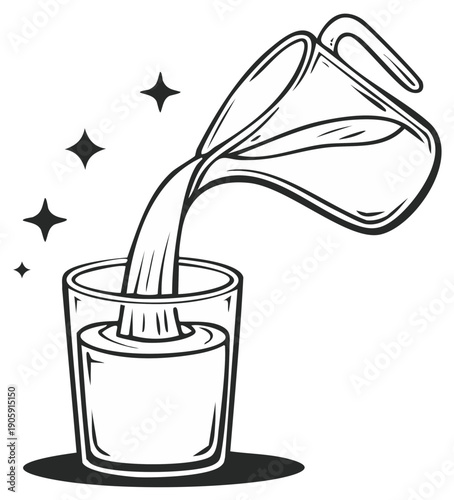 Liquid Pouring from Pitcher to Glass, Sparkling Refreshment, Water Jug Filling Cup, Simple Black and White Illustration