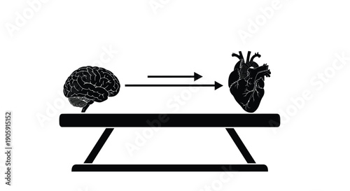 Brain and heart are balanced on a table with an arrow showing direction from logic to feeling.