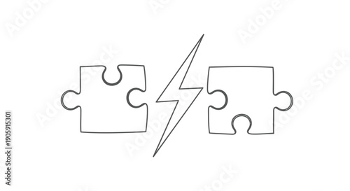 Two separate puzzle pieces nearly connect across a jagged lightning bolt symbolizing conflict.