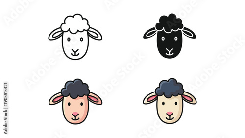 Cute Sheep Faces: Four Styles Including Line Art, Silhouette, and Cartoon Illustrations