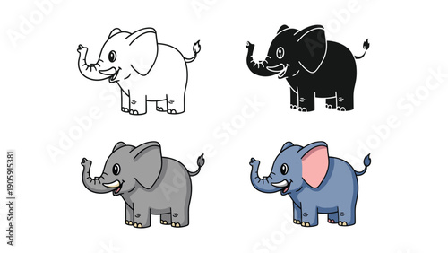 Happy cartoon elephant illustration with trunk raised, available in multiple design styles.