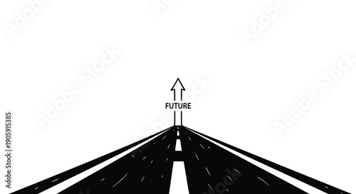 Highway road perspective leading toward a vanishing point marked with an upward arrow labeled future.