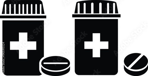 Two black pill bottles with white cross labels and three different pills beside them