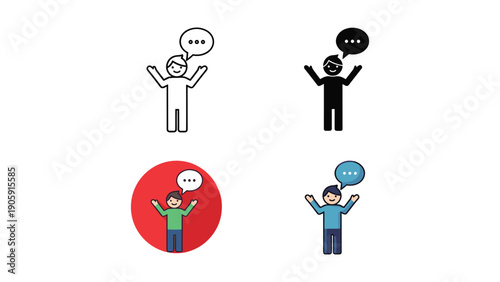Cartoon boy with outstretched arms and ellipsis speech bubble, in multiple design styles.