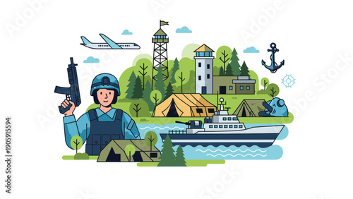 Comprehensive military force and defense base concept with armed soldier vehicles naval ship aircraft and strategic lookout towers.