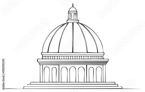 Line Drawing of a Domed Building with Arches and Steps, Architectural Render