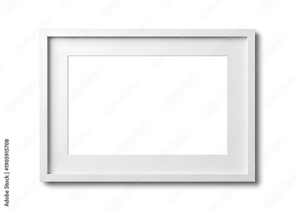 Fototapeta premium A pristine rectangular white picture frame is centered on a plain white background showcasing simplicity