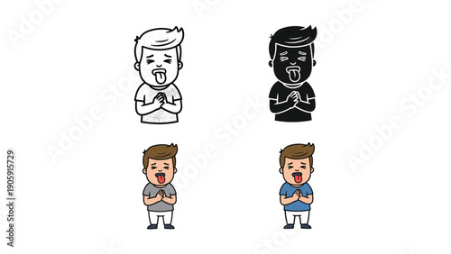 Sick cartoon boy illustration with tongue out and hands clasped, in various styles.