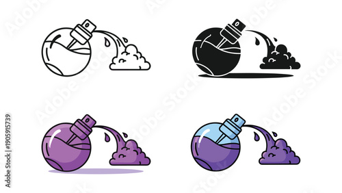 Abstract perfume bottle icon spraying scent, in outline, silhouette, and colorful versions.