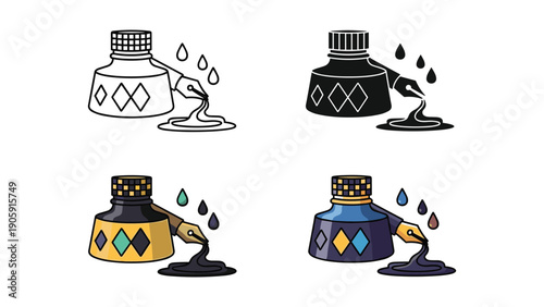 Set of inkwell and quill icons with ink drops in cartoon, outline, and silhouette styles for writing and creativity.