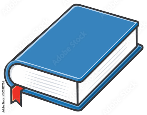 Closed blue hardcover book with a red bookmark vector icon illustration