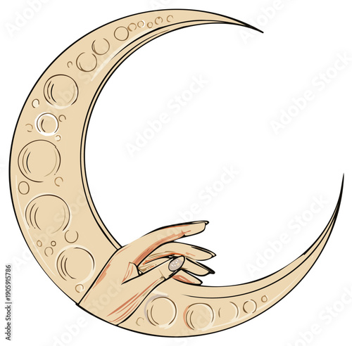 Elegant hand resting on crescent moon with craters in a celestial illustration