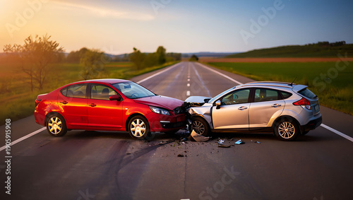 Red and silver cars crashed on a rural road accident scene
