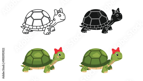 Set of adorable turtle icons with bow, in cartoon, outline, and silhouette styles for cute animal or nature designs.