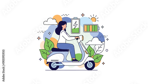 Eco-friendly urban mobility concept featuring woman riding electric scooter with battery charging symbols and green leaf decorations.
