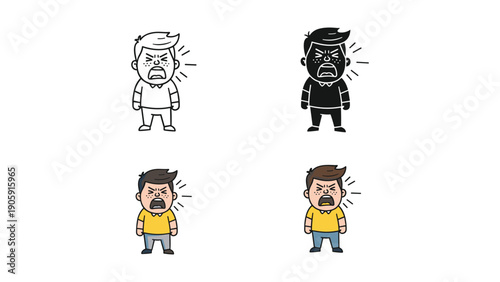 Angry cartoon boy shouting with freckles in four styles: outline, silhouette, and two colored versions.
