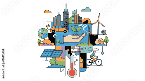 Sustainable smart city vision with clean energy sources electric vehicles green transportation and eco friendly urban planning concept.