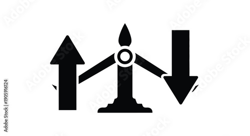 Balance scale icon with upward and downward arrows suggests equilibrium and fluctuating market trends.