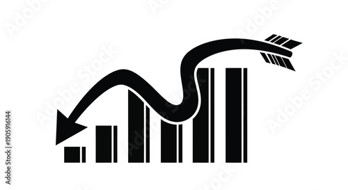 Curving downward arrow dramatically pierces a series of vertical bar charts indicating market.