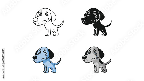 Crying cartoon dog, in outline, silhouette, and two colored versions.