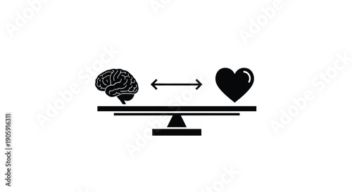 Brain and heart icons balance on a simple scale representing emotional and logical equilibrium.