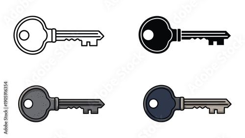 Four skeleton keys, including outline, black fill, and two colored antique styles with textured metal details.
