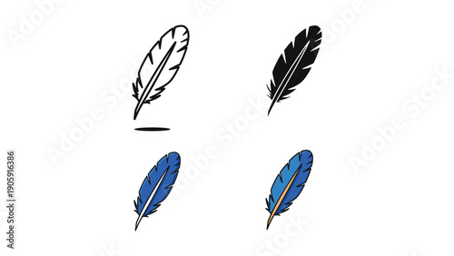 Blue feather quills and a black outline feather, two with shadows, for writing and design inspiration.
