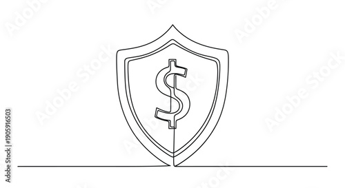 Single continuous line depicts a shield icon protecting a central dollar sign representing financial.
