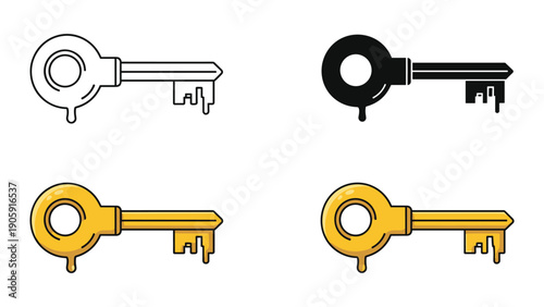 Set of four keys with ornate bows and dripping bits, including outline, black fill, and two golden colored styles.