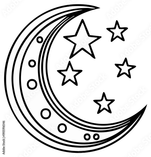 Stylized Crescent Moon with Stars in a Celestial Night Sky Illustration